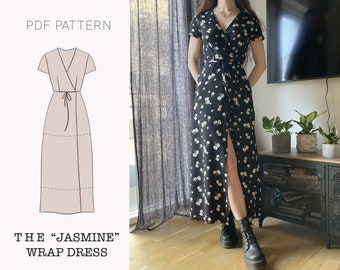 La robe « Jasmin » | Robe portefeuille à col en V et manches évasées Patron PDF | Patron de couture imprimable pdf