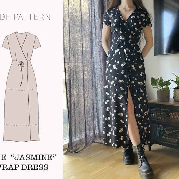 Das ""Jasmin"" Kleid | V-Ausschnitt Wickelkleid mit ausgestellten Ärmeln PDF Schnittmuster | pdf druckbares Schnittmuster