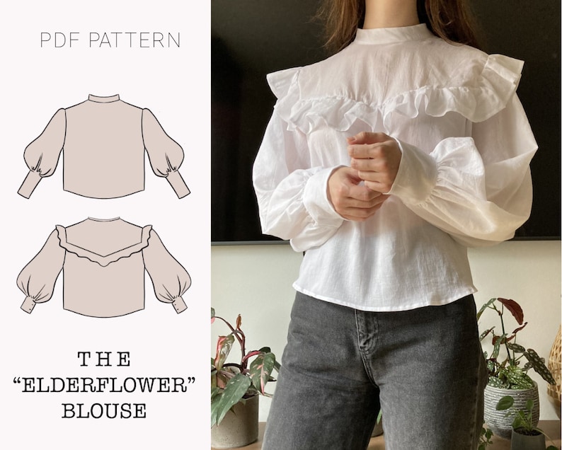 May include: A PDF pattern for a white blouse with a high neck and ruffled collar. The pattern is called "The Elderflower Blouse".