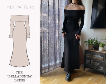 The "Belladonna" Dress | Stretchy off shoulder maxi bodycon dress  PDF pattern | pdf printable sewing pattern