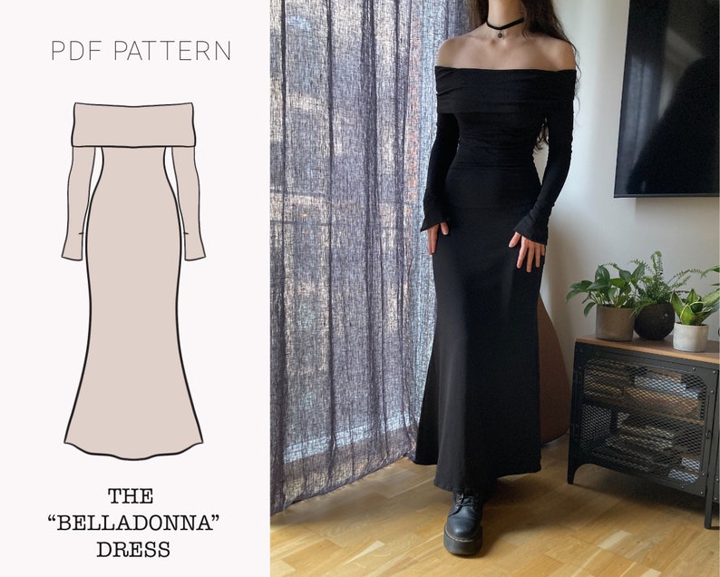 K&ouml;nnte beinhalten: Ein schwarzes, schulterfreies Maxikleid mit langen &Auml;rmeln und einem figurbetonten Oberteil. Das Kleid hat einen flie&szlig;enden Rock, der sich nach unten hin weitet. Das Kleid hei&szlig;t "The Belladonna Dress" und ist ein PDF-Schnittmuster.