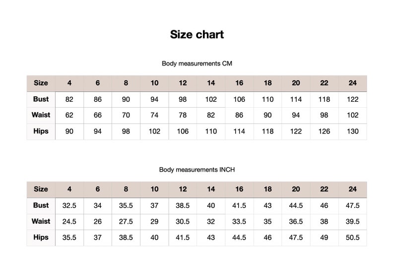 May include: Size chart for clothing with measurements in inches and centimeters. The chart shows bust, waist, and hip measurements for sizes 4 through 24.