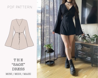 The &quot;Sage&quot; Dress | V-neck button up dress with flare sleeves PDF pattern | pdf printable sewing pattern