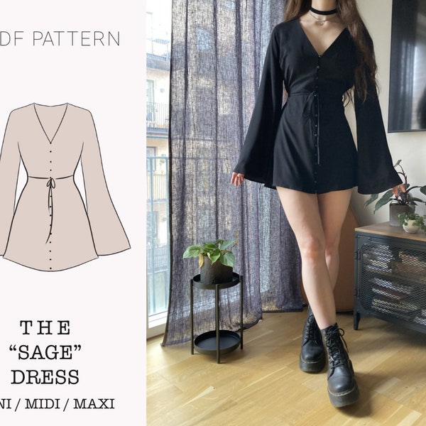 The "Sage" Dress | V-neck button up dress with flare sleeves PDF pattern | pdf printable sewing pattern