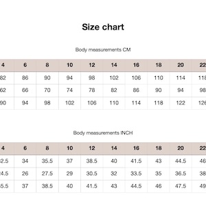 K&ouml;nnte beinhalten: Gr&ouml;&szlig;entabelle f&uuml;r Kleidung mit Ma&szlig;en in Zoll und Zentimetern. Die Tabelle zeigt die Brust-, Taillen- und H&uuml;ftma&szlig;e f&uuml;r die Gr&ouml;&szlig;en 4 bis 24.