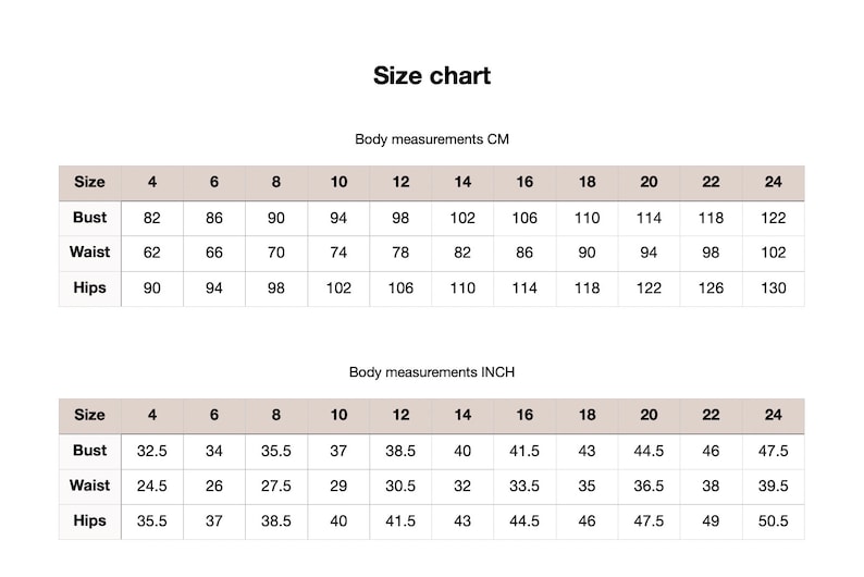 K&ouml;nnte beinhalten: Gr&ouml;&szlig;entabelle f&uuml;r Kleidung mit Ma&szlig;en in Zoll und Zentimetern. Die Tabelle zeigt die Brust-, Taillen- und H&uuml;ftma&szlig;e f&uuml;r die Gr&ouml;&szlig;en 4 bis 24.