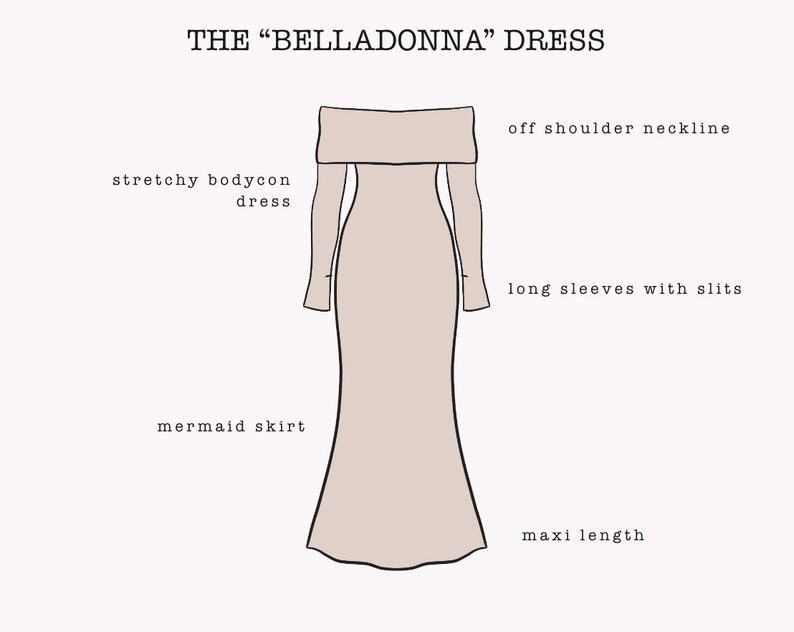K&ouml;nnte beinhalten: Ein langes, dehnbares, schulterfreies Kleid mit langen &Auml;rmeln und Schlitzen. Das Kleid hat einen Meerjungfrauenrock und eine Maxil&auml;nge.