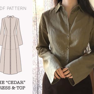Puede incluir: La imagen presenta un patrón PDF para un vestido y un top, junto con una persona que lleva el top. El top es de color verde oliva con mangas largas y botones. La ilustración del patrón muestra un vestido largo con botones en la parte delantera y mangas largas. El texto en la imagen dice "PDF PATTERN" y "THE 'CEDAR' DRESS & TOP."