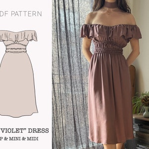 May include: A PDF pattern for a "Violet" dress. The pattern includes instructions for making a top, mini dress, and midi dress. The dress has an off-the-shoulder neckline, a ruffled bodice, and a gathered waist.
