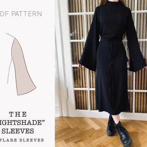 May include: A PDF pattern for the "Nightshade" sleeves, a 3 flare sleeve design. The pattern shows a line drawing of the sleeve shape. The image also shows a person wearing a black dress with the "Nightshade" sleeves.