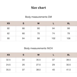 May include: Size chart showing bust, waist, and hip measurements in inches and centimeters for sizes XS, S, M, L, XL, and XXL.