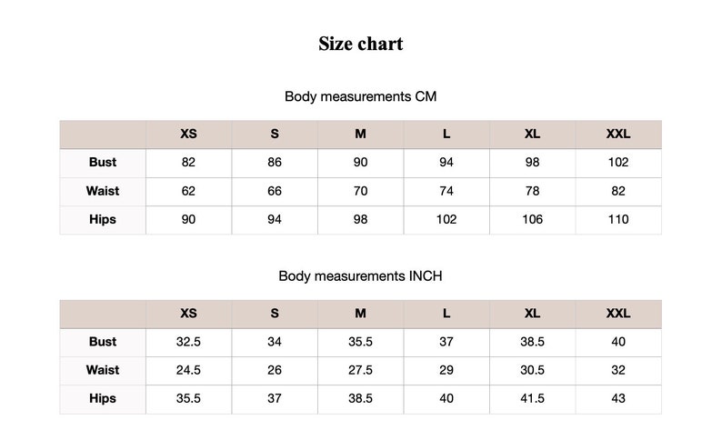 May include: Size chart showing bust, waist, and hip measurements in inches and centimeters for sizes XS, S, M, L, XL, and XXL.