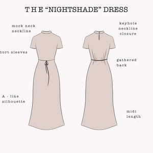 May include: A line dress with a mock neck, short sleeves, and a keyhole neckline closure. The dress has a gathered back and midi length.