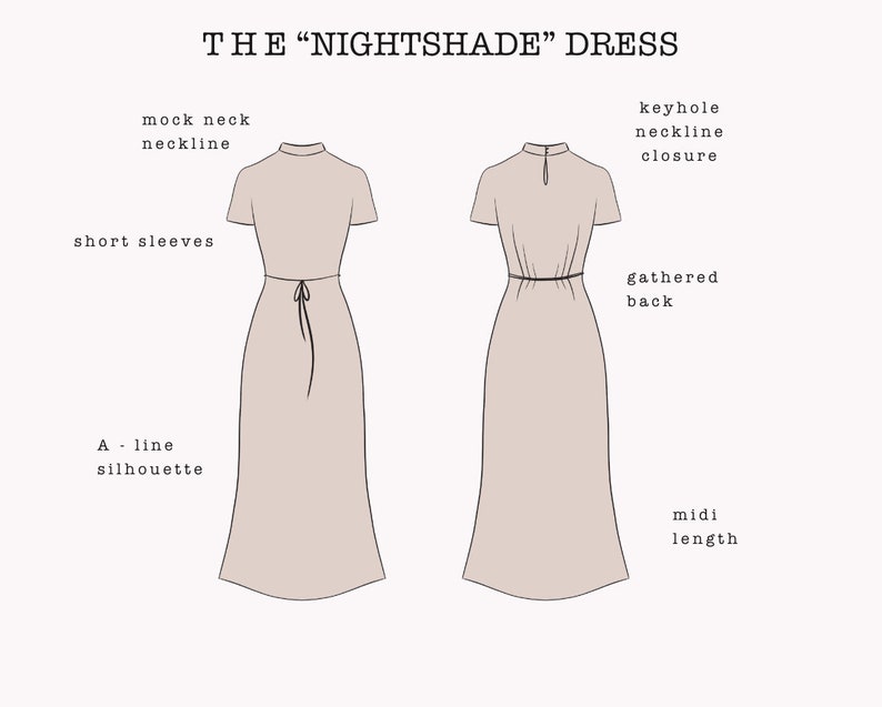 May include: A line dress with a mock neck, short sleeves, and a keyhole neckline closure. The dress has a gathered back and midi length.