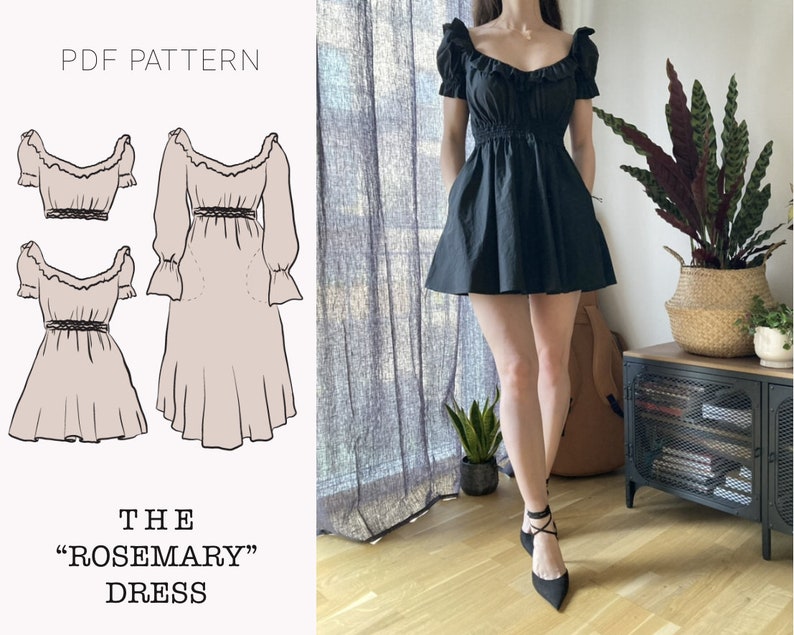 May include: A PDF sewing pattern for a dress called "The Rosemary Dress". The pattern includes a top and a skirt. The dress is shown in a light beige colour. The image also shows a person wearing a black version of the dress.