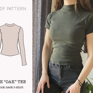 Könnte beinhalten: Ein PDF-Schnittmuster für ein T-Shirt mit Stehkragen namens "The "Oak" Tee". Das Schnittmuster ist mit einer Strichzeichnung einer Frau illustriert, die das Shirt trägt.