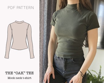 The "Oak" Tee | Stretchy mock neck T-shirt PDF pattern | pdf printable sewing pattern