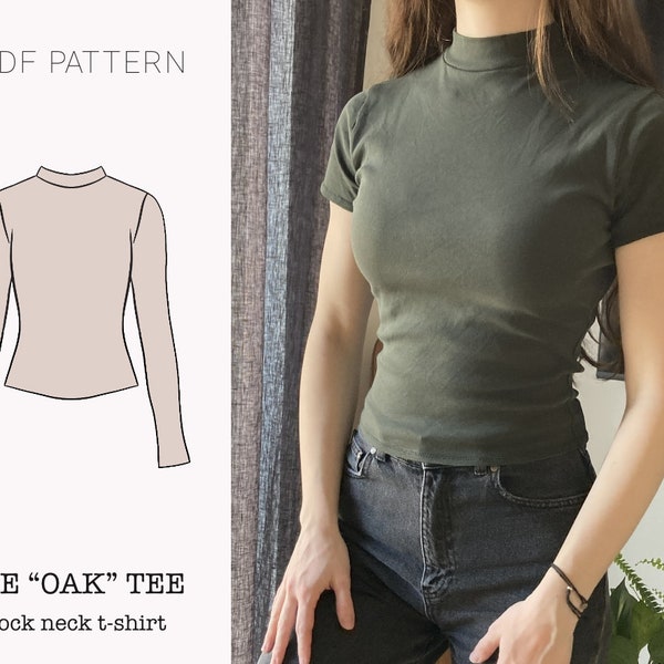 The "Oak" Tee | Stretchy mock neck T-shirt PDF pattern | pdf printable sewing pattern