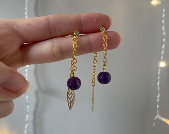 gold and purple leaf drop stud earrings