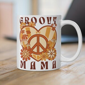 Groovy Mama Coffee Mug, Retro 1970s Coffee Cup, Hippie Mama Mother's Day Gift, Neutral Peace Sign Flower Power Coffee Mug for Trippy Mama image 2