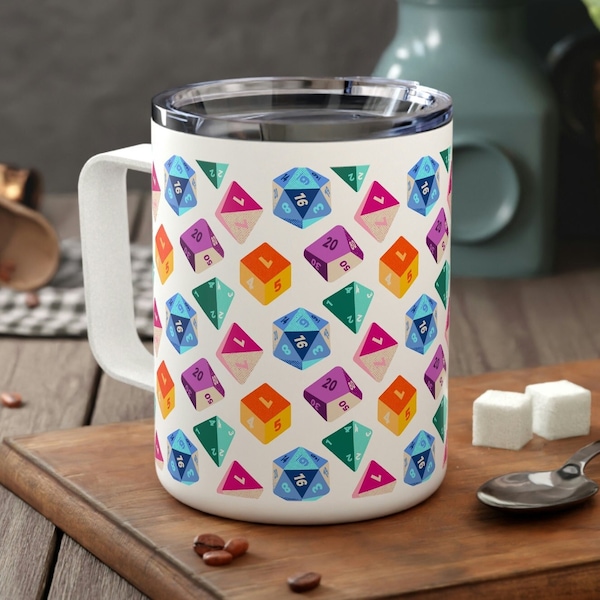 TTRPG Dice Pattern 10oz Insulated Coffee Mug with Lid, Role Play Dice Coffee Cup, Gamer Coffee Mug, D20 Travel Mug, DM Gift for Ttrpg Gamer