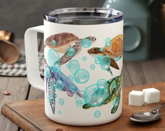 Painted Sea Turtles Camping Cup, 10oz Travel Mug with Lid, Lidded Ocean Life Coffee Mug, Sea Turtle Lover Camping Mug, Marine Life Gift