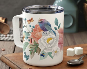 Painted Sparrow, Peonies Moths Insulated Travel Mug with Lid, Floral Coffee Cup, Cottagecore Coffee Travel Mug, Nature Lover Gift