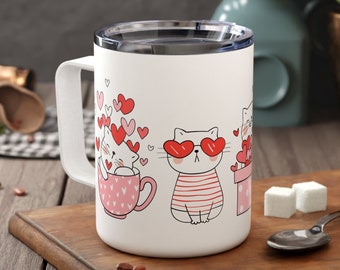 Valentines Cat Insulated Mug, Cute Cartoon Kitty Valentines Coffee Mug with Handle, Cute Cat 10 oz Coffee Tumbler VDay Gift for Cat Mama