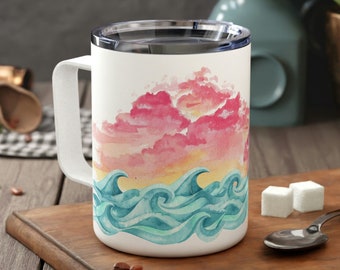 Watercolor Ocean Waves Travel Mug, Painted Sunset and Ocean Waves 10oz Camping Cup with Lid, Lidded Beach Lover Mug, Beach Day Gift Mug