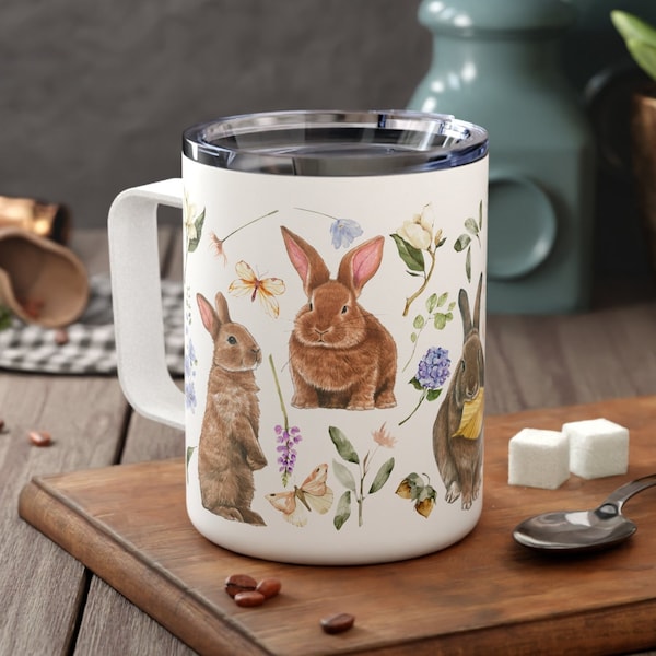 Cottagecore Bunnies 10oz Insulated Mug, Painted Wildflowers Easter Rabbit Gift, Pressed Flower Aesthetic Bunny Lover Lidded Cup with Handle