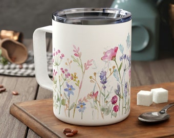 Watercolor Wildflowers Insulated Travel Mug with Lid, Flower Lover Tumbler With Handle, Wrap Around Flowers Coffee Cup, Gift for Mom