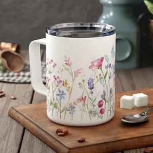 Watercolor Wildflowers Insulated Travel Mug with Lid, Flower Lover Tumbler With Handle, Wrap Around Flowers Coffee Cup, Gift for Mom zdjęcie 1