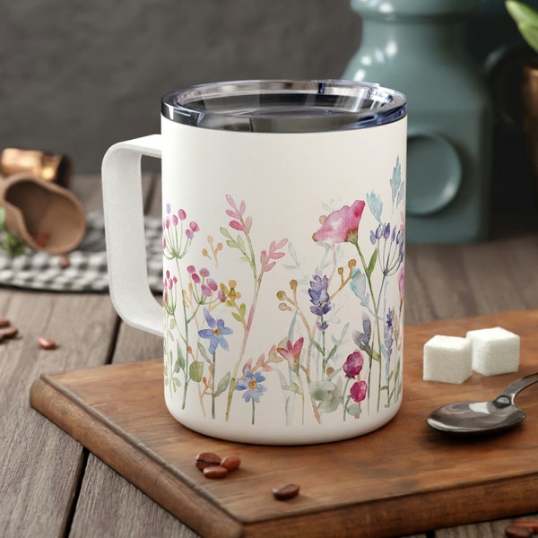 Watercolor Wildflowers Insulated Travel Mug with Lid, Flower Lover Tumbler With Handle, Wrap Around Flowers Coffee Cup, Gift for Mom