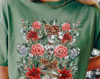 Comfort Colors Christmas Shirt: Poinsettia, Pinecone & Rose Tee
