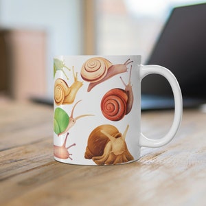 Painted Snails Coffee Mug, Wrap Around Image Ceramic Mug, Cottagecore Mug, Gremlincore Coffee Mug, Gift for Snail Lover, Snail Coffee Cup