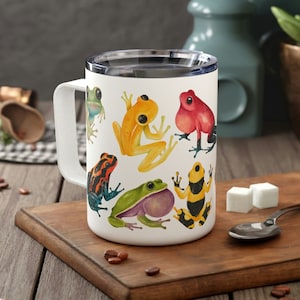 Painted Frogs Insulated 10oz Coffee Mug with Lid, Colorful Frogs Travel Coffee Mug, Travel Coffee Mug, Cottagecore Gift for Frog Lover