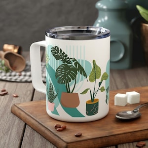 Boho Plants 10oz Insulated Coffee Mug with Lid, Plant Lover Coffee Cup, House Plant Addict Coffee Mug, Gardener Gift, Monstera Mug