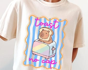 Camiseta Comfort Colors 'Toast - No Cap' Capybara: Camiseta de moda con rayas divertidas para amantes de los capibaras.