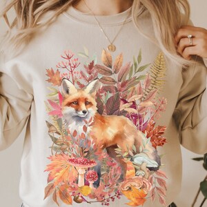 Autumn Fox Sweatshirt: Cottagecore Fall Leaves and Mushrooms Sweater