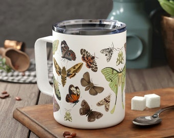 Moth Lover Insulated Travel Mug with Lid, Gremlincore Aesthetic Coffee Cup, Cottagecore Coffee Mug, Luna Moth Travel Mug, Moth Gift