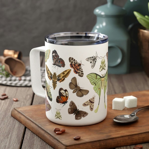 Moth Lover Insulated Travel Mug with Lid, Gremlincore Aesthetic Coffee Cup, Cottagecore Coffee Mug, Luna Moth Travel Mug, Moth Gift