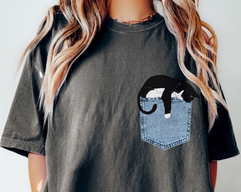 Comfort Colors Cat Shirt: Sleeping Tuxedo Cat Pocket Tee