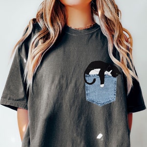 Cat Sleeping on Image of Jean Pocket Shirt, Pet Shirt, Comfort Colors Shirt, Cat Lover Shirt, Tuxedo Cat, Cat Mom Shirt, Cute Cat Shirt,