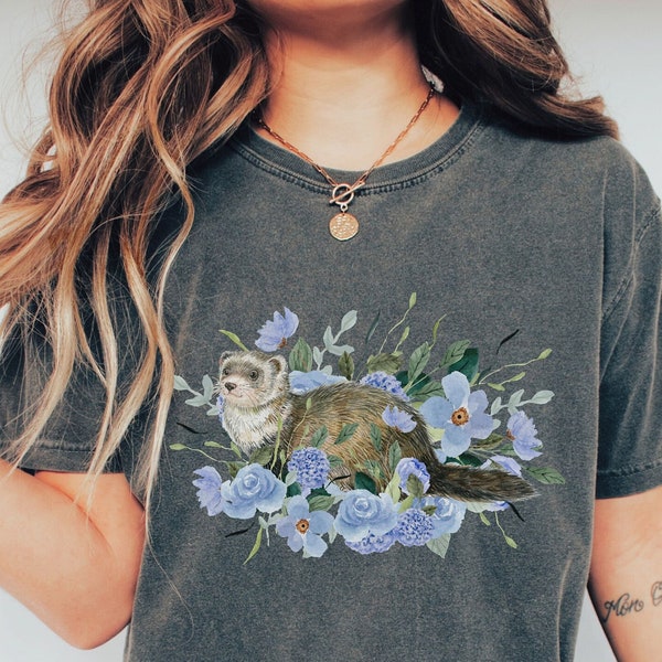 Cottagecore Ferret Comfort Colors Shirt, Painted Whimsical Ferret Lover Tee, Floral Whimsigoth Ferret Mom Cozy Gift for Animal Lover