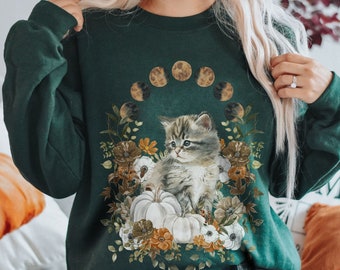 Fall Kitten Sweatshirt: Celestial Moon Phase Cat Lover Gift