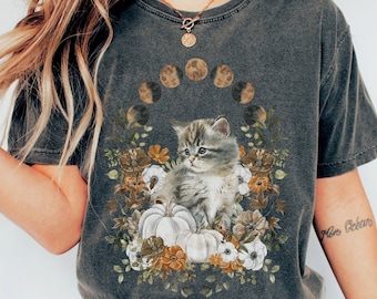 Cottagecore Kitten Comfort Colors Shirt: Fall Floral Moonphase Cat Tee