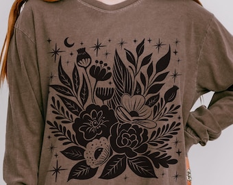 Comfort Colors Dark Celestial Floral Linocut Style Long Sleeve Shirt : Gothic Boho Flower Lover Top