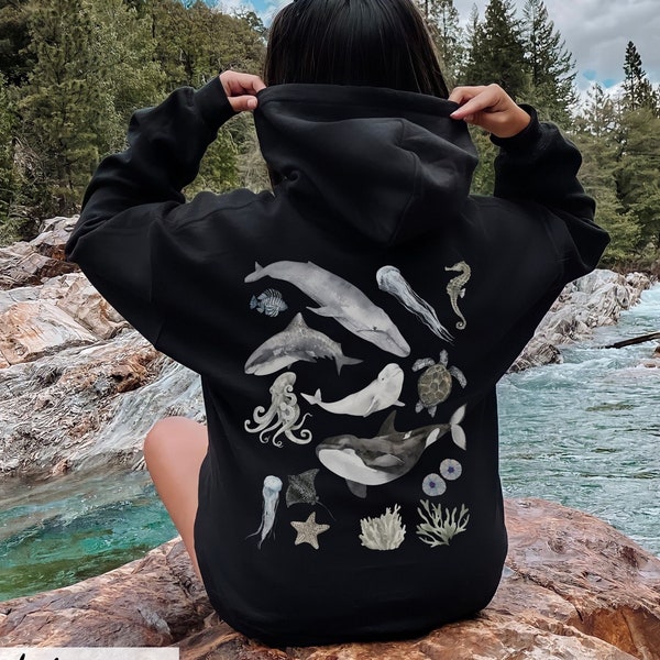 Gemalt Meerestiere Zurück Design Unisex Kapuzen-Sweatshirt, Ocean Conservation Strandausflug Sommer Wale Hai Oktopus und Meeresschildkröte Hoodie