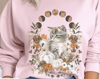 Painted Kitten in Fall Flowers Sweatshirt, Celestial