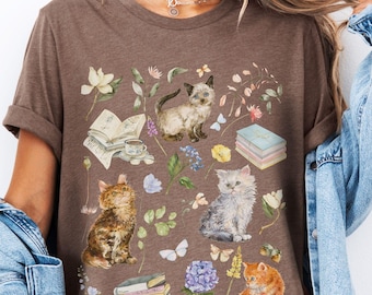 Bella + Canvas Cottagecore Cats and Books Shirt : Floral Cat and Book Lover Gift